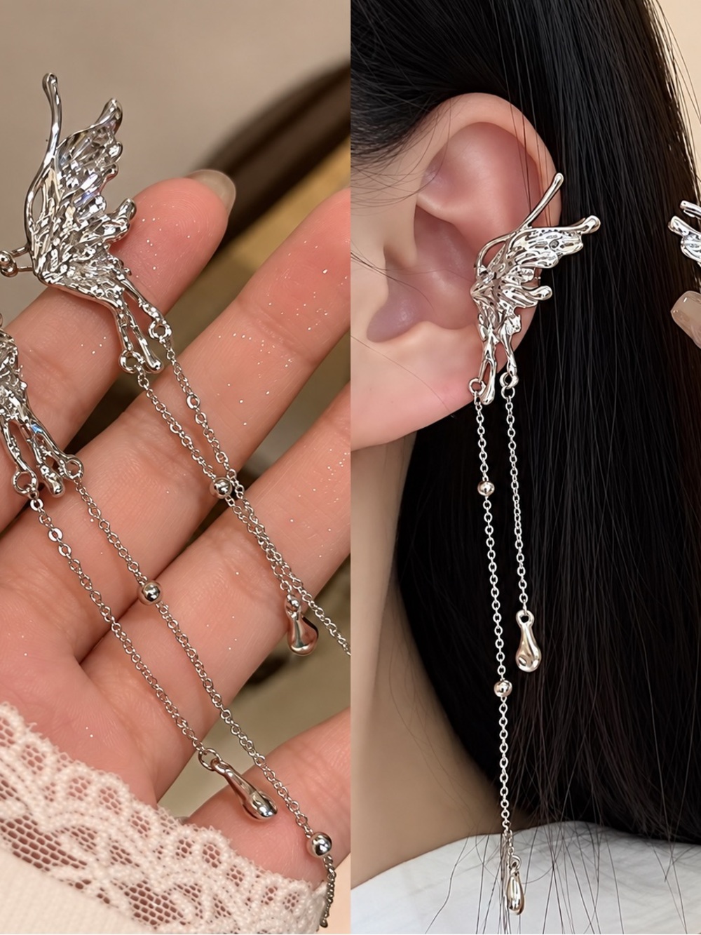Silver Wing Charm Dangle Ear Cuff - Women Accessories